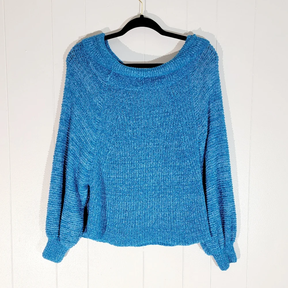 Free People Off The Shoulder Oversized Bright Blue Knit Sweater Small - Picture 5 of 5